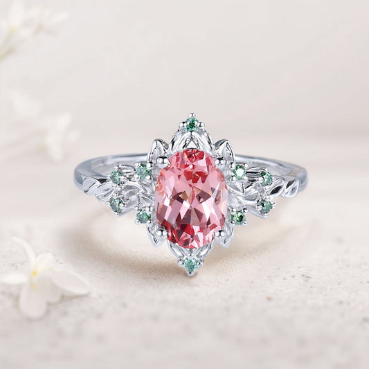 Vintage Briar Rose Oval Pink Lab Padparadscha Engagement Ring Olive Leaves Ring