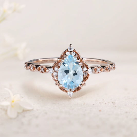 Vintage Pear Lab Aquamarine Engagement Ring Bridal Ring
