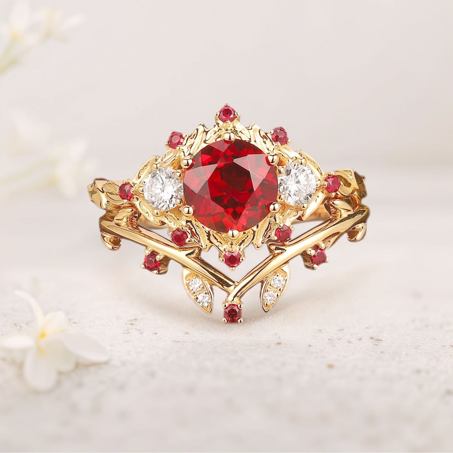 Vintage floral engagement rings Round Lab Ruby Bridal Promise Ring Set Ruby Leaf Engagement Ring Set