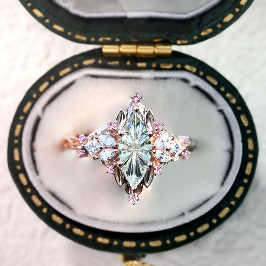 Vintage Starbrite Cut Marquise Green Lab Sapphire and Amethyst Engagement Ring