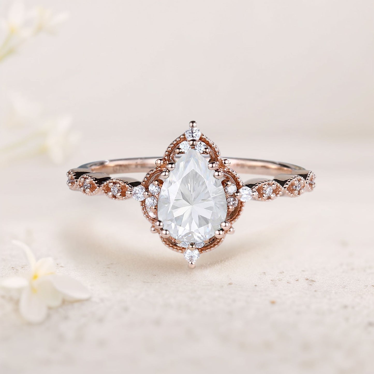 Vintage Pear Moissanite Engagement Ring Bridal Ring