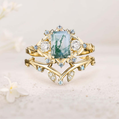 Unique floral engagement rings Emerald Cut Moss Agate Floral Wedding Ring Promise Bridal Set