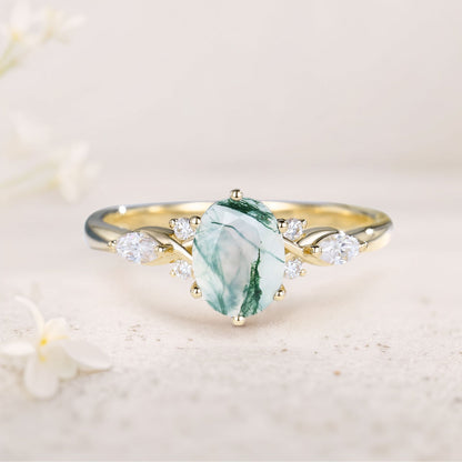 Unique Oval Moss Agate Twist Ring Engagement Ring