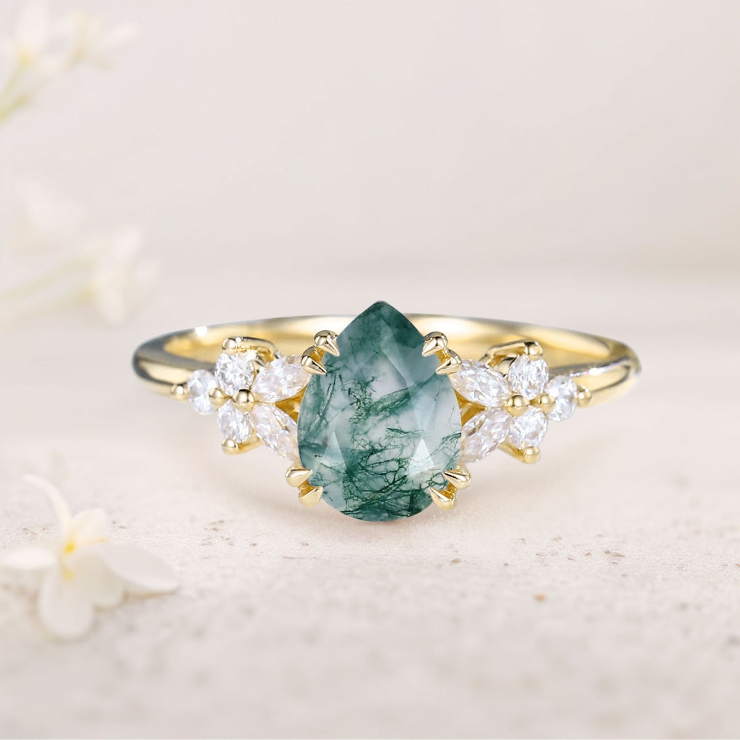 Vintage Pear Moss Agate Twisted Engagement Ring