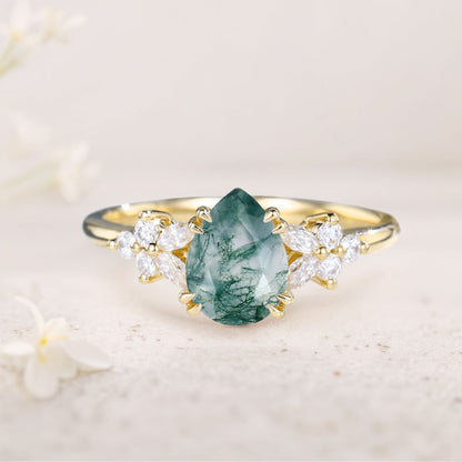 Vintage Pear Moss Agate Twisted Engagement Ring