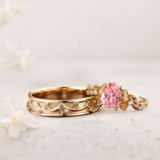 Vintage Pear Lab Padparadscha Engagement Couples Ring Set For Wedding Gift