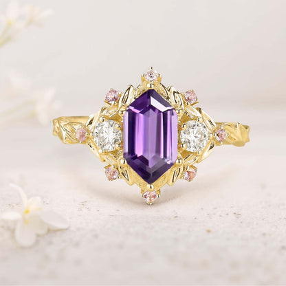 Unique floral engagement rings Long Hexagon Amethyst Cluster Wedding Ring Promise Ring For Women