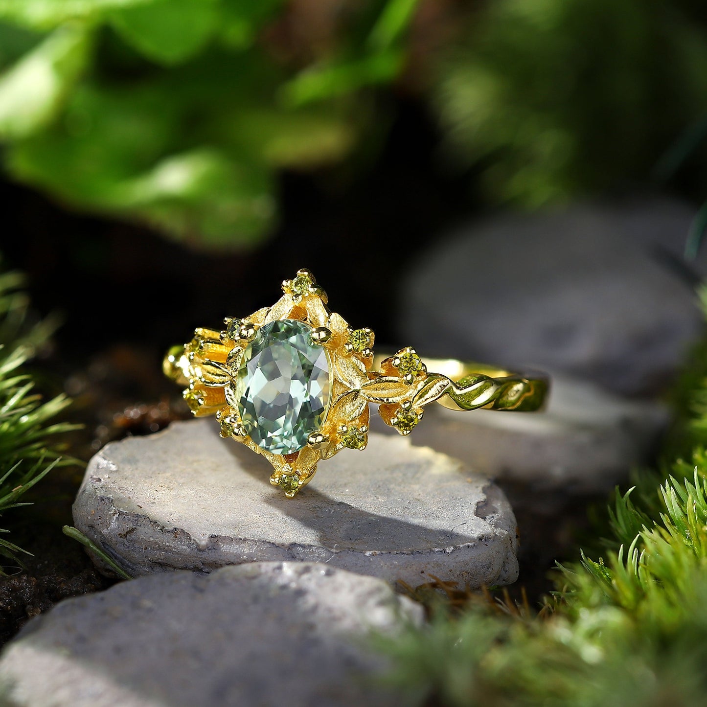 Unique Briar Rose Halo Oval Green Lab Sapphire Ring