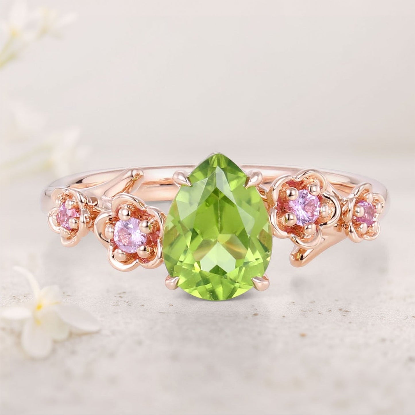 Unique floral engagement rings Pear Peridot Flower Engagement Ring Peridot Halo Leaf Ring