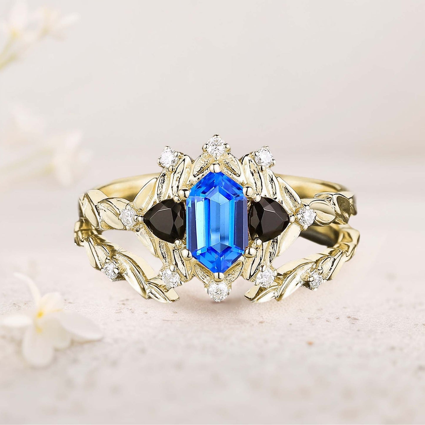 Unique Long Hexagon Lab Sapphire Leaf Engagement Ring Wedding Ring Set