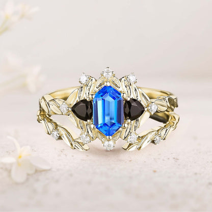 Unique Long Hexagon Lab Sapphire Leaf Engagement Ring Wedding Ring Set