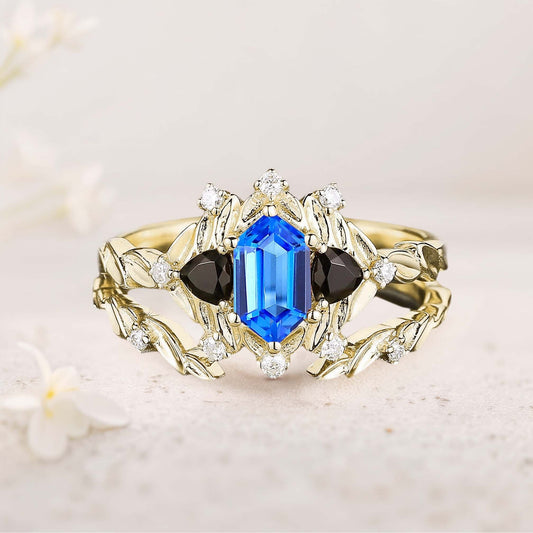 Unique Long Hexagon Lab Sapphire Leaf Engagement Ring Wedding Ring Set