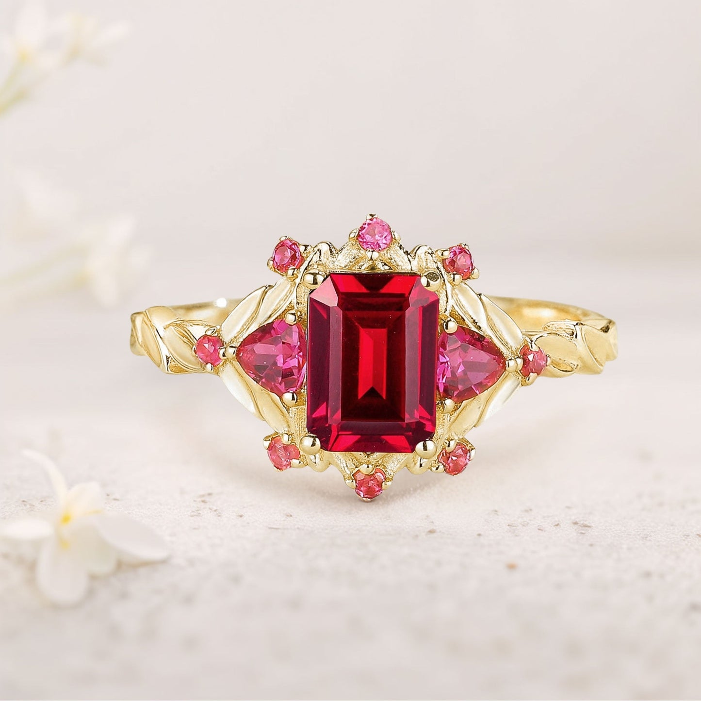 Unique floral engagement rings Emerald Cut Ruby Floral Engagement Ring Ruby Halo Wedding Ring