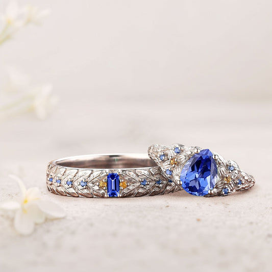Unique Pear Lab Sapphire His and Hers Matching Wedding Ring Set