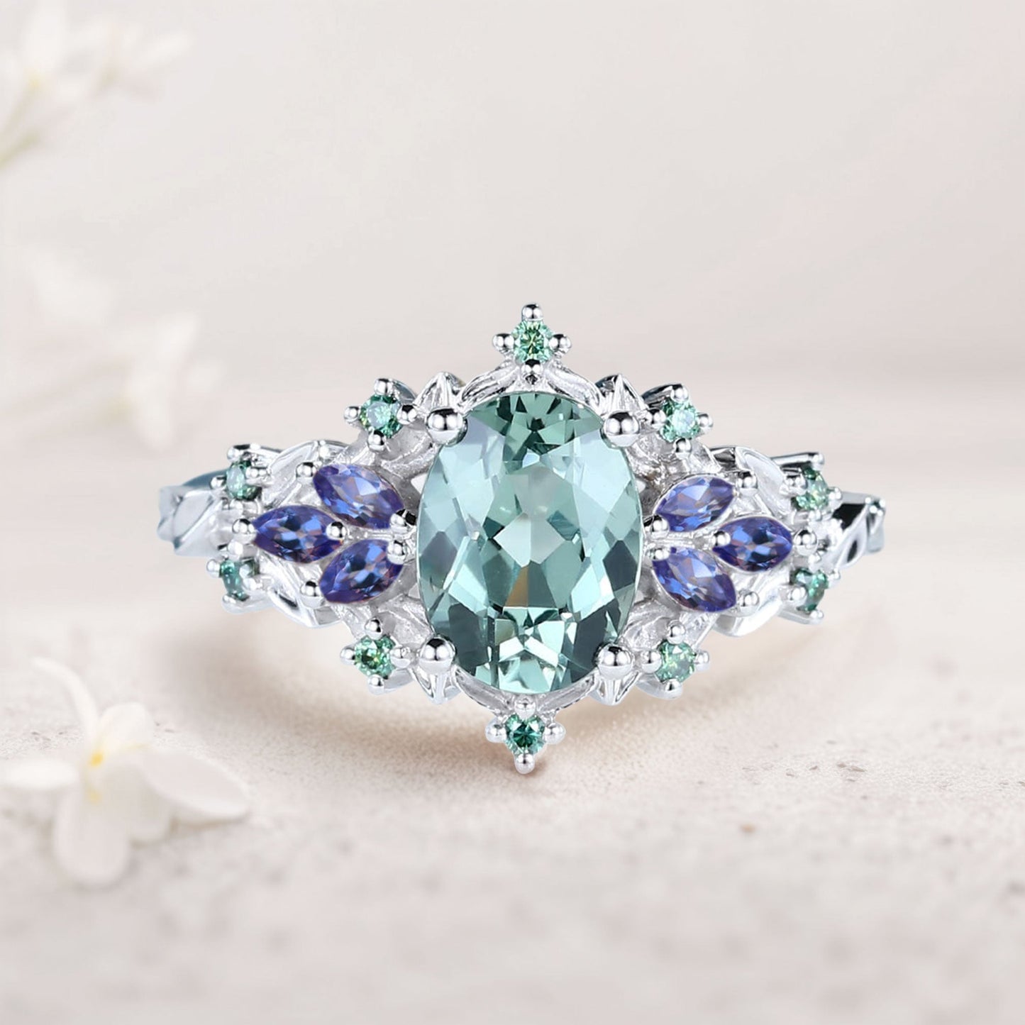 Unique Starlight Oval Green Lab Sapphire and Blue Sapphire Engagement Ring