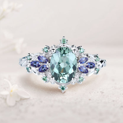 Unique Starlight Oval Green Lab Sapphire and Blue Sapphire Engagement Ring