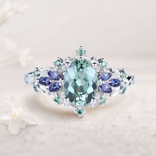 Unique Starlight Oval Green Lab Sapphire and Blue Sapphire Engagement Ring