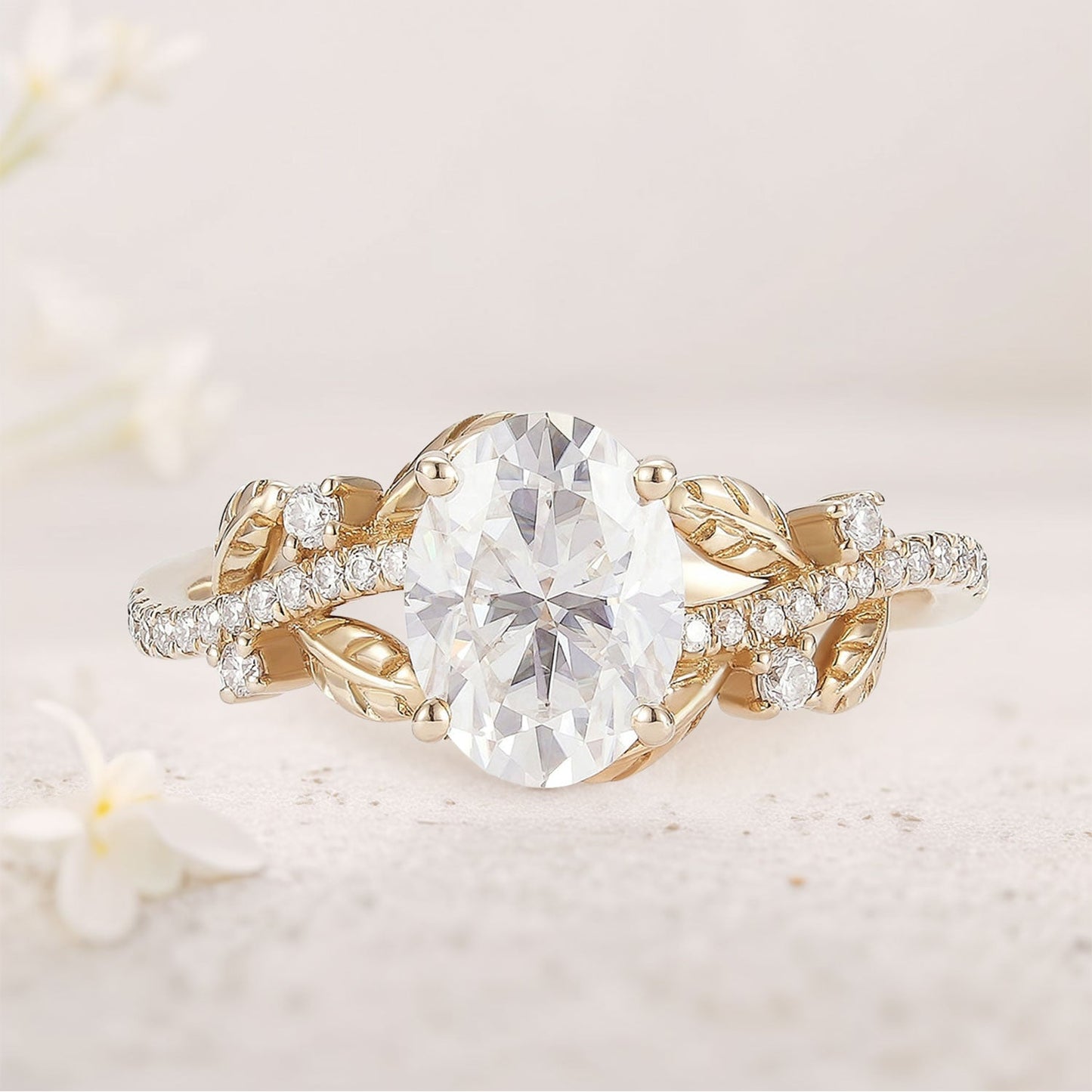 Unique Oval Moissanite Leafy Engagement Ring
