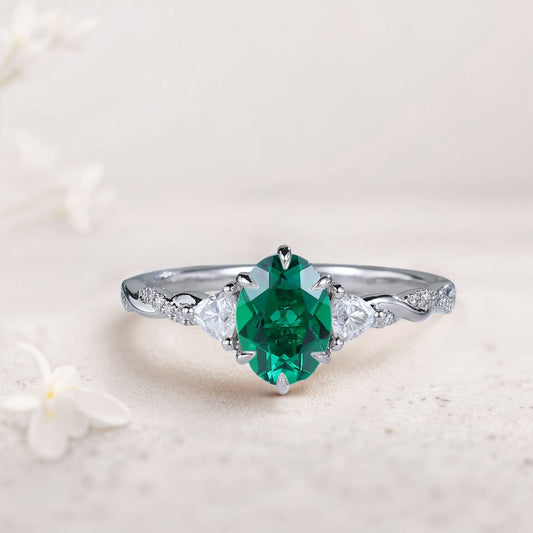 Unique Three Stone Oval Lab Emerald Ring  Engagement Ring