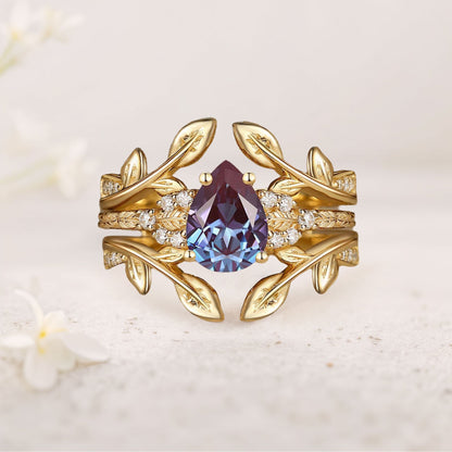 Unique floral engagement rings Pear Alexandrite Double Curved Ring Set