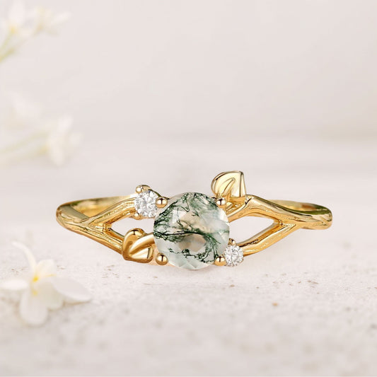Unique floral engagement rings Round Moss Agate Leaf Engagement Ring