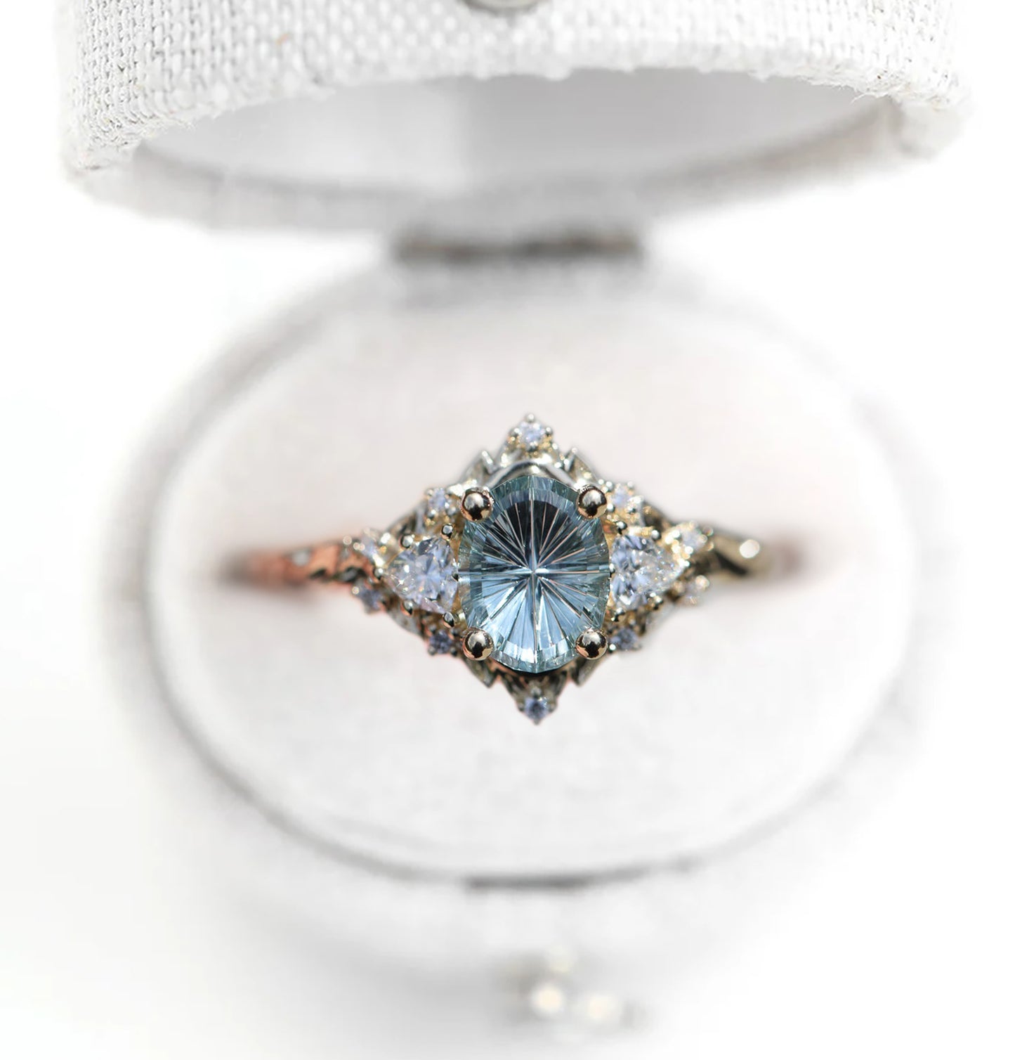 Unique Briar Rose Three Stone Starbrite Cut Oval Sapphire Ring