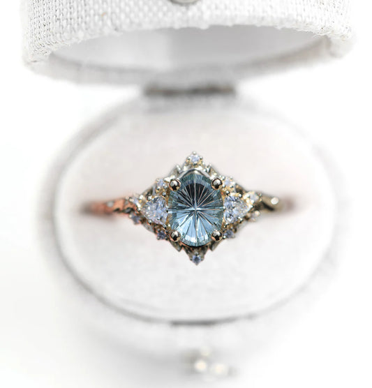 Unique Briar Rose Three Stone Starbrite Cut Oval Sapphire Ring