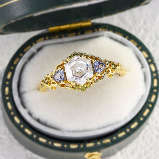 Unique Three Stone Hexagon Moissanite and Lab Sapphire Leaf Ring