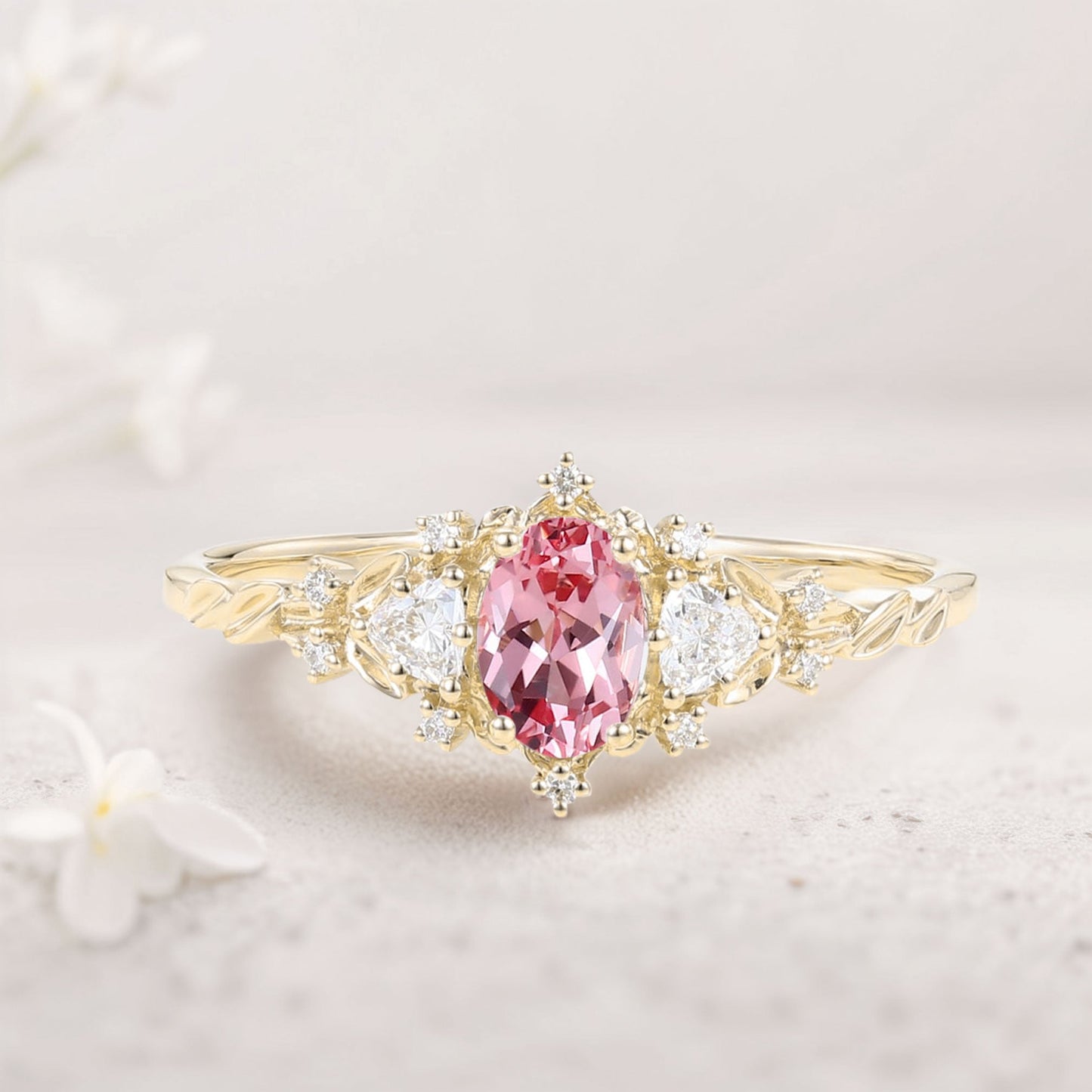 Classic Briar Rose Oval Pink Lab Padparadscha Olive Leaves Engagement Ring Fairy Ring
