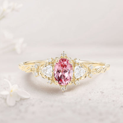 Classic Briar Rose Oval Pink Lab Padparadscha Olive Leaves Engagement Ring Fairy Ring