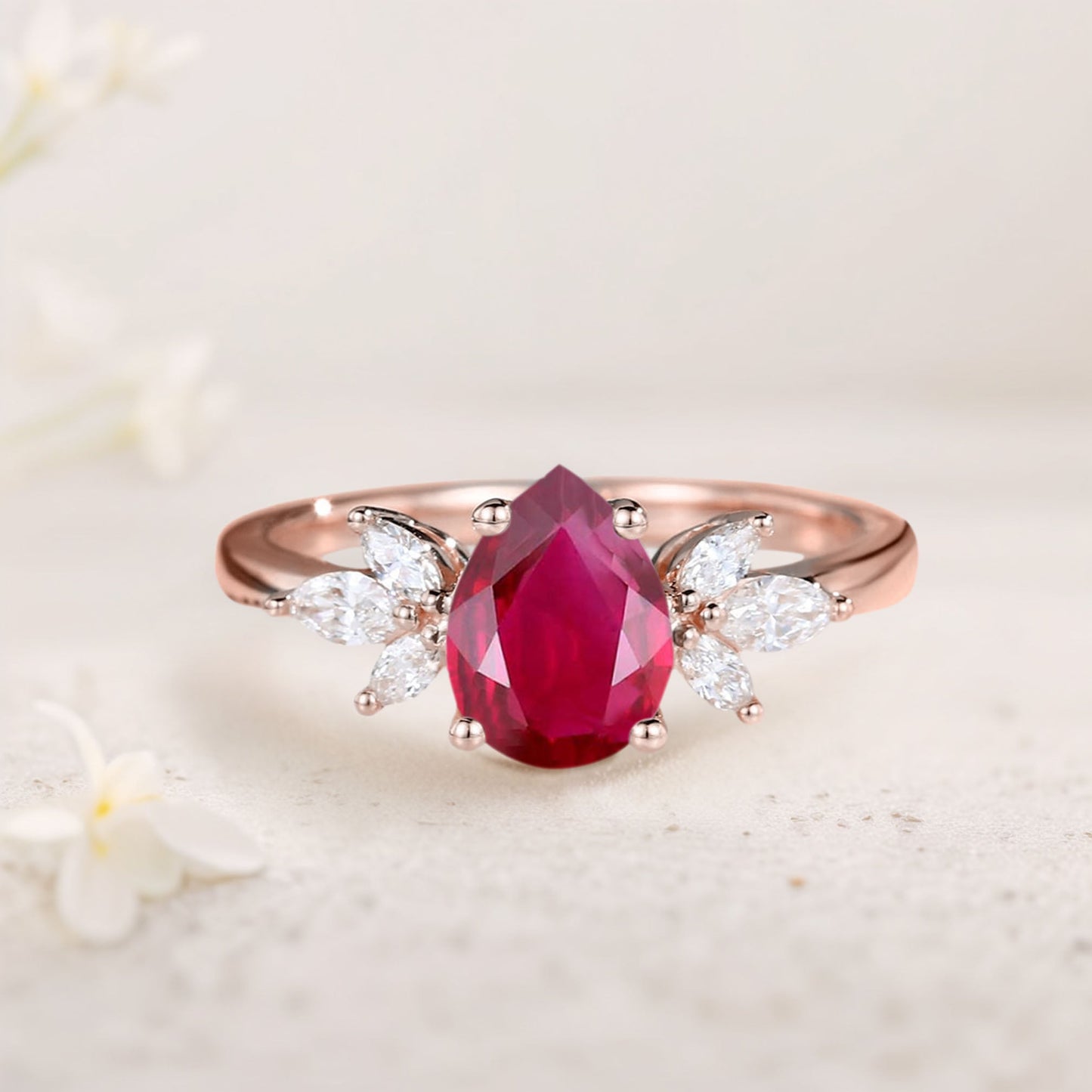 Unique Pear Lab Ruby Engagement Ring Simple Cluster Bridal Ring