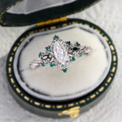 Unique Briar Moon Three Stone Marquise Moissanite and Lab Emerald Ring