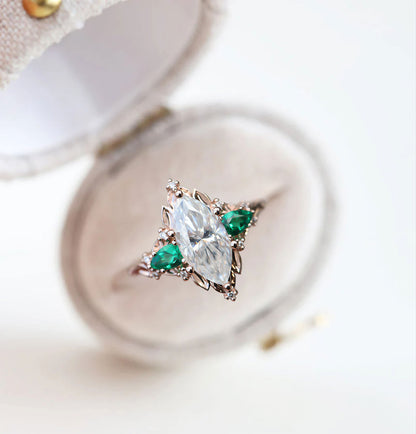 Unique Briar Rose Five Stone Marquise Moissanite and Lab Emerald Ring