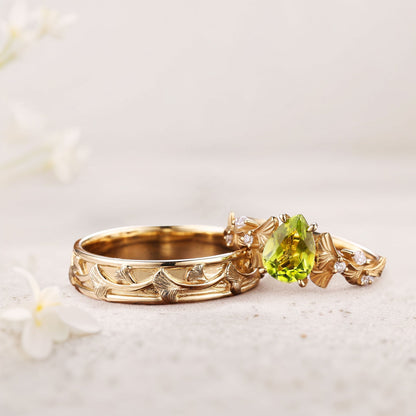 Unique Pear Citrine Couple Promise Engagement Ring Wedding Ring Set