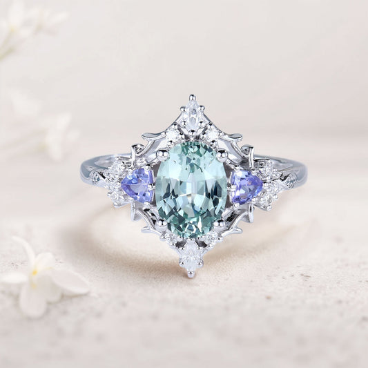 Vintage Briar Rose Oval Green Lab Sapphire Engagement Ring Filigree Ring