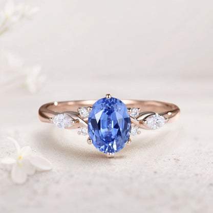 Vintage Oval Lab Sapphire and Moissanite Engagement Ring