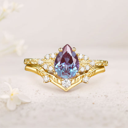 Unique floral engagement rings Leaf Nature Inspired Pear Lab Alexandrite Engagement Ring Set