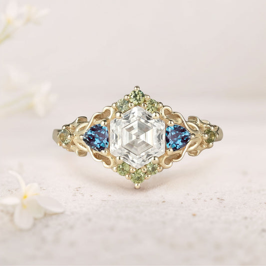 Unique Three Stone Hexagon Moissanite and Lab Alexandrite Leaf Ring