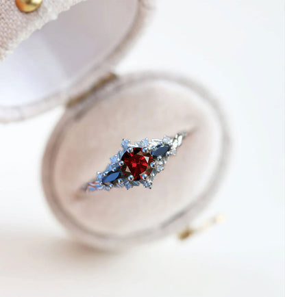 Unique Celeste Rose Round Garnet and Black Moissanite Ring