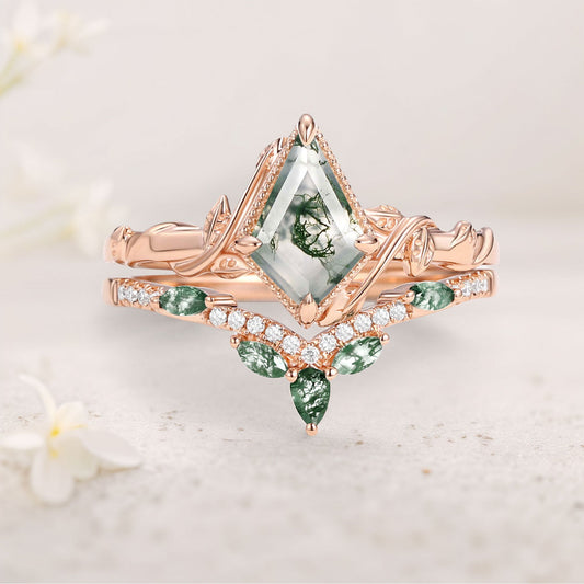 Unique floral engagement rings Vine Kite Moss Agate Leafy Engagement Ring Set