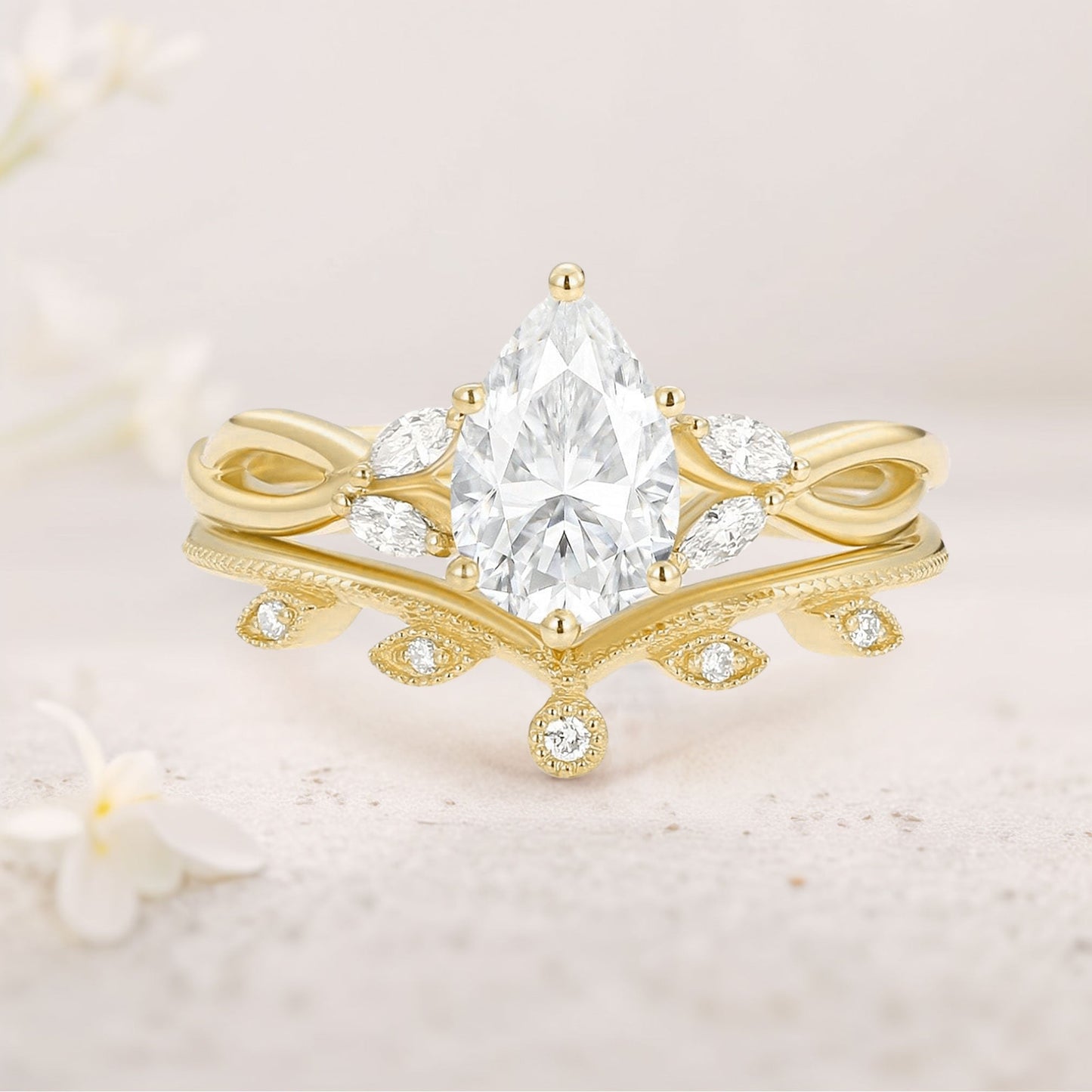 Unique floral engagement rings Pear Moissanite Leafy Twig Bridal Ring Set
