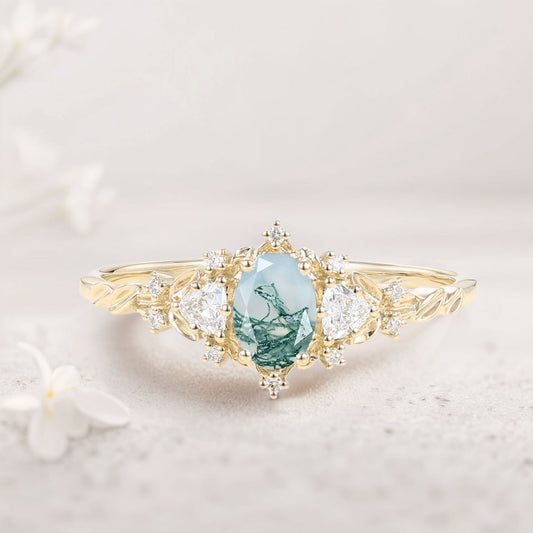 Classic Briar Rose Oval Moss Agate Olive Leaves Engagement Ring Fairy Ring