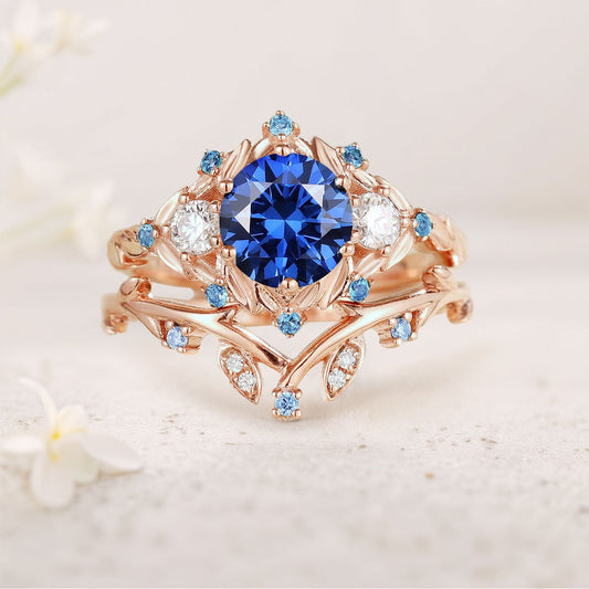 Vintage round cornflower Lab Sapphire engagement ring set Leaf art sapphire cluster promise ring set