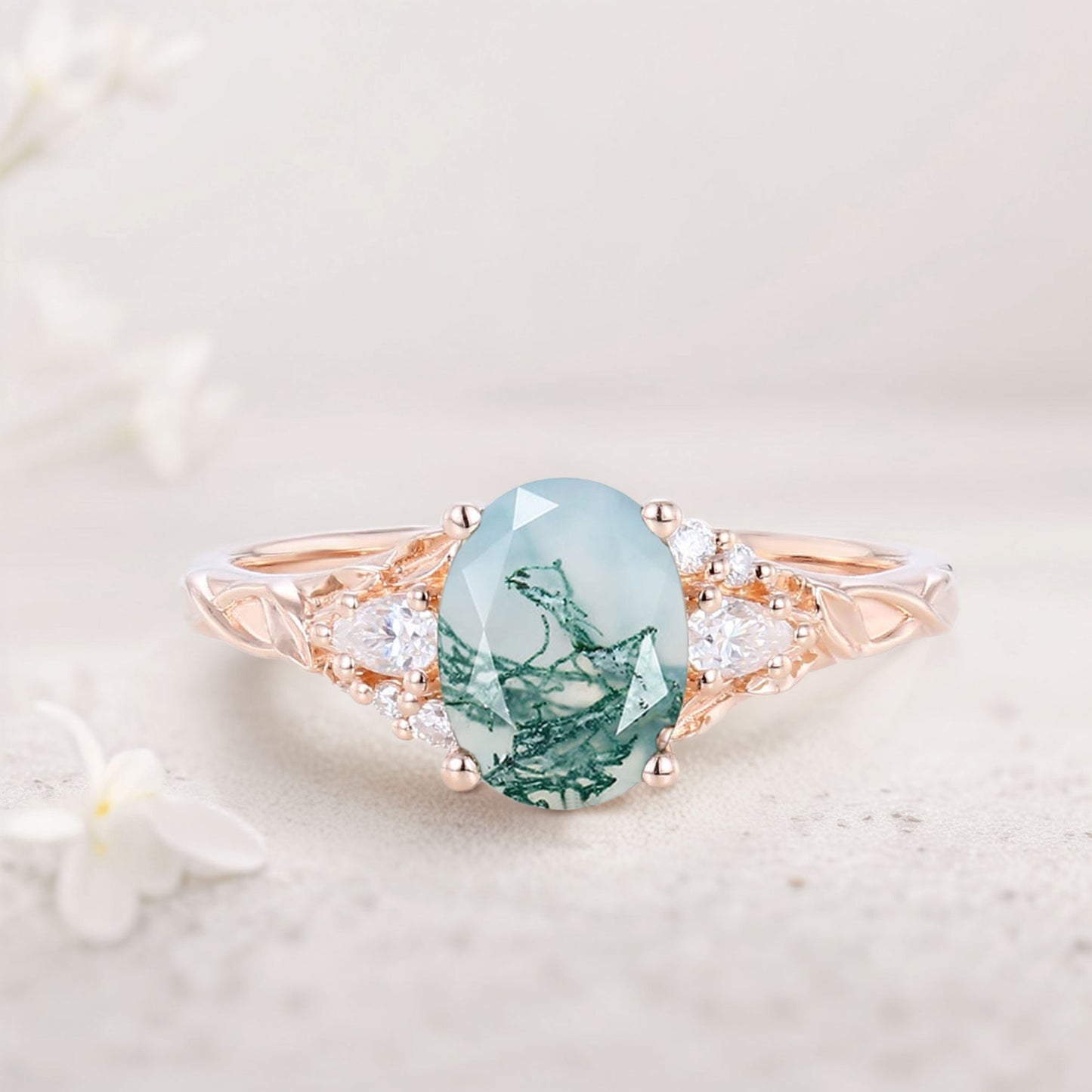 Unique Oval Moss Agate and Moissanite Wedding Ring