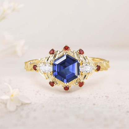 Unique Hexagon Lab Sapphire Flower Engagement Ring Halo Leaf Wedding Ring For Women