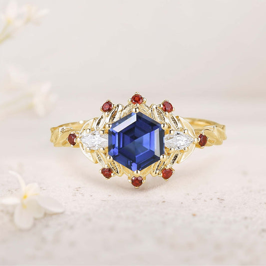Unique Hexagon Lab Sapphire Flower Engagement Ring Halo Leaf Wedding Ring For Women