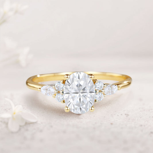 Vintage Oval Moissanite Engagement Ring Cluster Wedding Ring