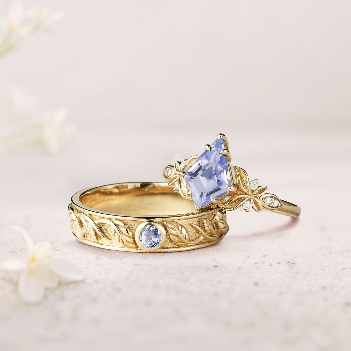 Unique Kite Lab Sapphire Promise Engagement Ring Wedding  Ring Set For Couples