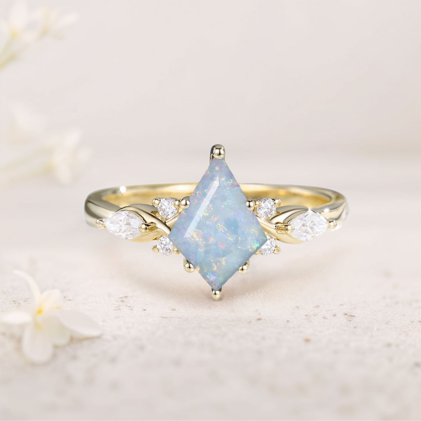 Unique Kite Lab Opal Engagement Ring Art Deco Promise Ring