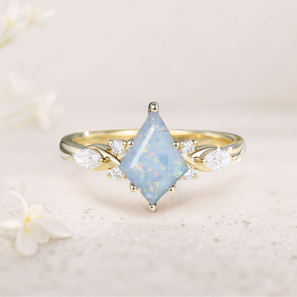 Unique Kite Lab Opal Engagement Ring Art Deco Promise Ring